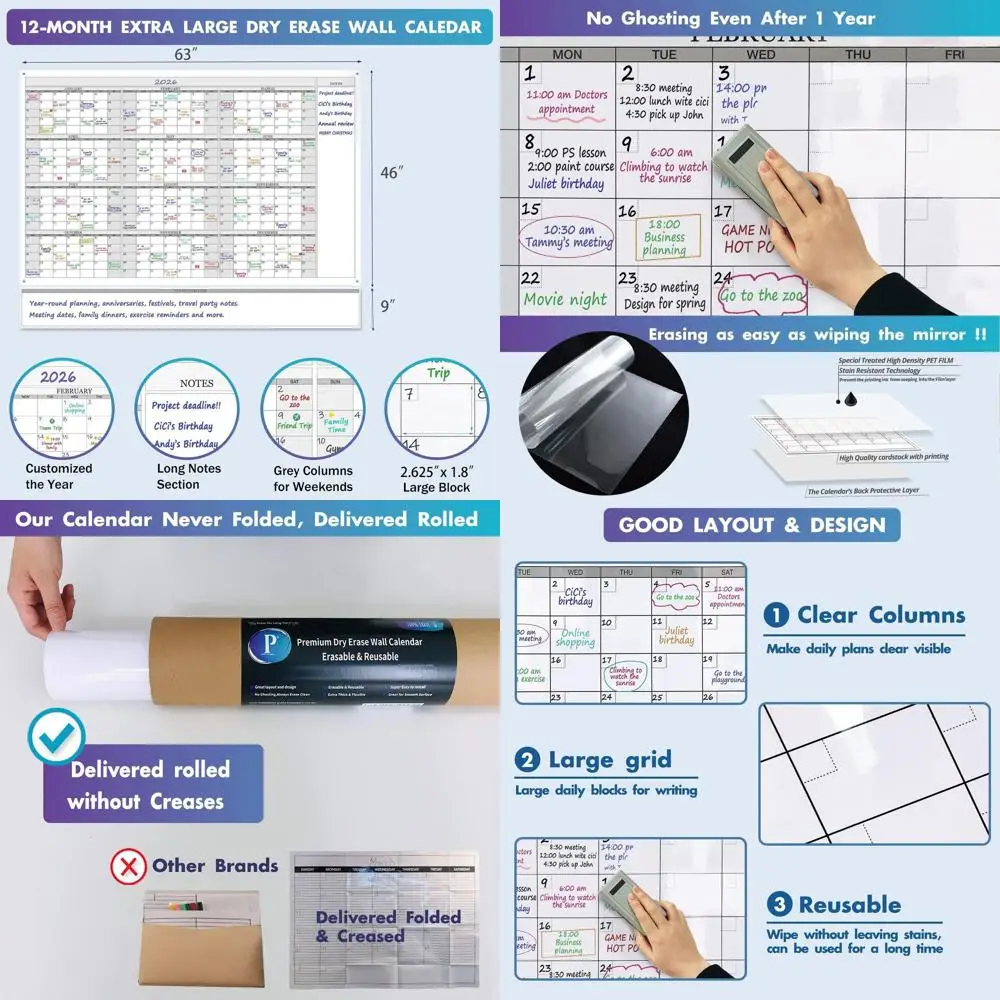 

Large 12-Month Laminated Dry Erase Calendar, 55 x 63, Family Planner, Reusable Yearly Whiteboard