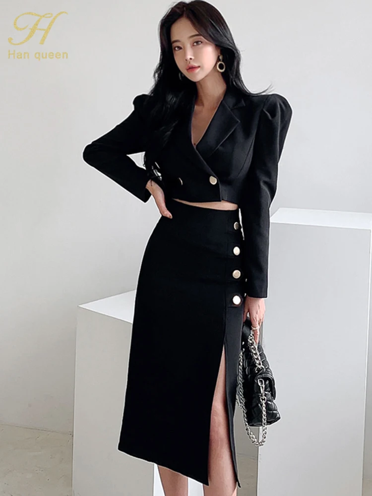 H Han Queen Hot Sale Spring Autumn 2 Pieces Set Women Cropped Blazer + Fork Pencil Skirts Casual Simple Office Lady Skirt Suit