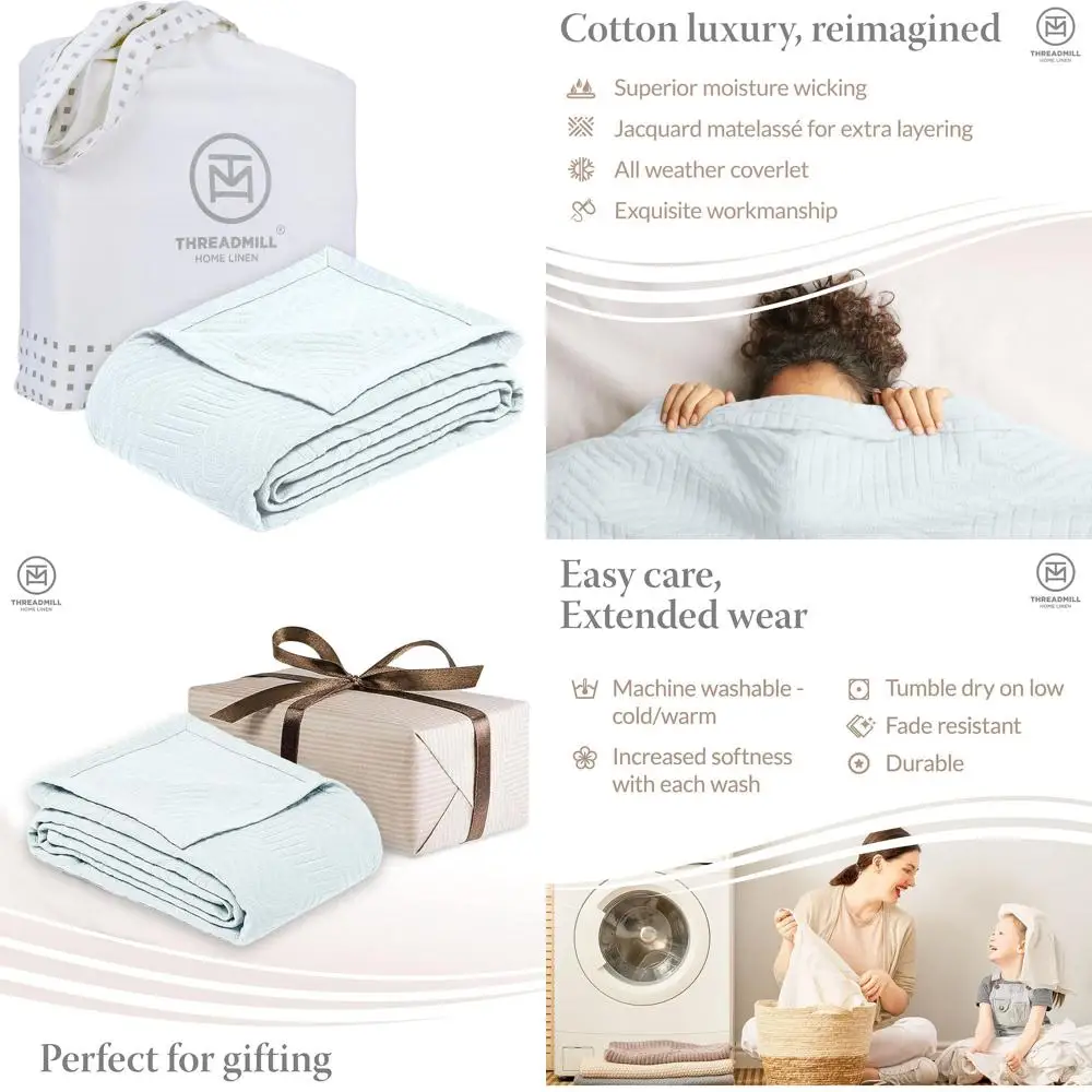 

All-Season 100% Cotton Queen Blanket - Lightweight, Soft, Breathable Coverlet for Full Size Bed, 90x92, Light Blue