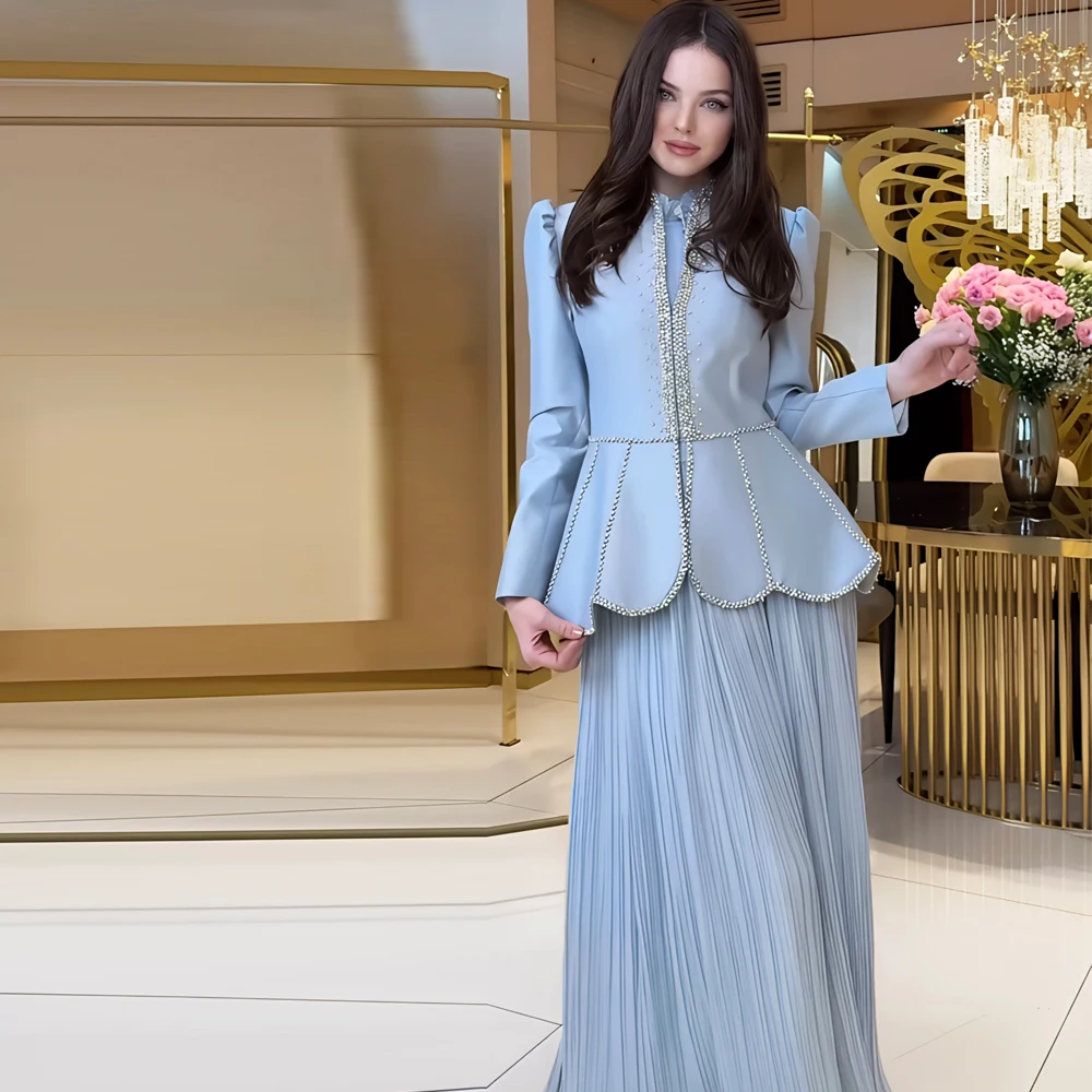 Maßgeschneidertes Modernes Blaues Abendkleid mit Jacke 2-teilig Plissiertes Hochzeitsgast-Outfit A-Linie Lässige Maxikleider