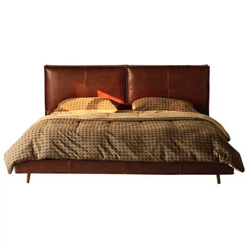 

Oil wax leather bed American light luxury retro double soft bag bed master bedroom 1.8m brown cowhide bed solid wood