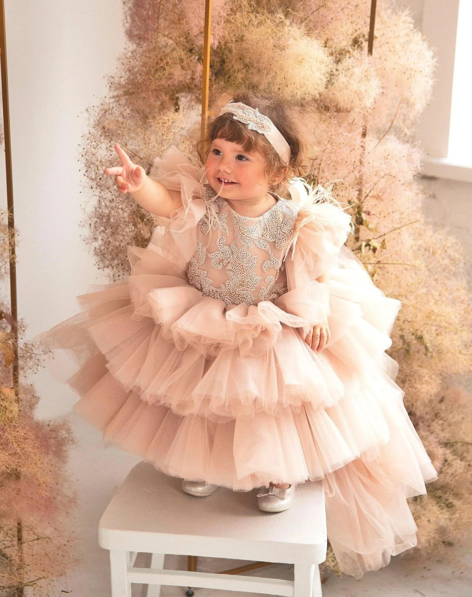 Custom Luxury Dress Wedding Guest Gown Flower Girl Gown Birthday Party Gown Pageant Show Beaded Feather Ruffle Bow Tulle Train