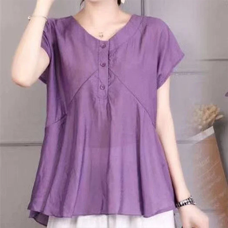 Camisa holgada de manga corta de Color sólido de gran tamaño, Tops versátiles con temperamento informal para cubrir el vientre, ropa de moda para mujer