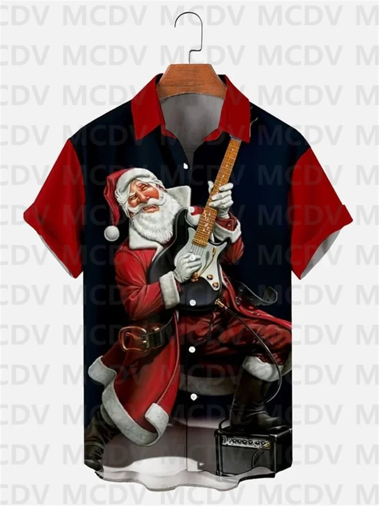 Christmas Guitar Rock Hawaiian Short Sleeve Shirt For Men's Xmas Y2k Beachwear Casual Santa Claus Print Clothes For Men Clothing