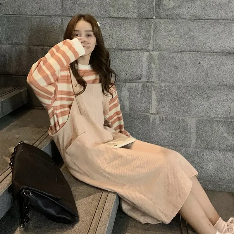 

Женские комплекты в стиле преппи Harajuku, простая весенняя одежда в полоску и прямое платье без рукавов, универсальные новые комплекты из двух предметов