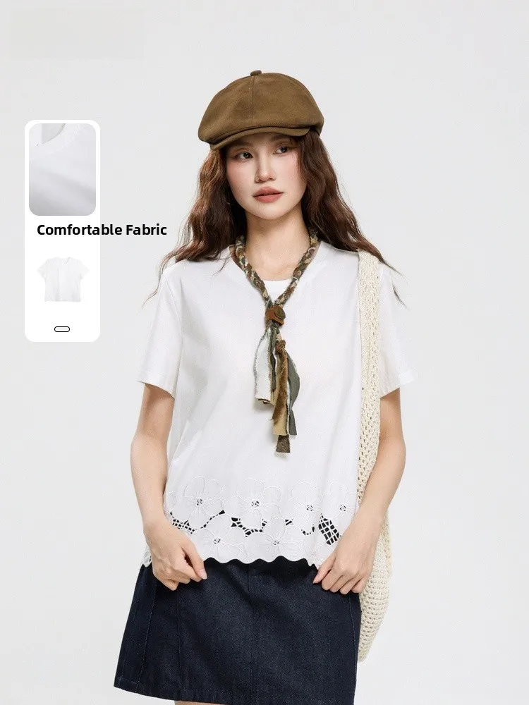 

Memory's Beginning ort Sve T-irt Hollow out Design Women's Top Summer New Sle Casual Loose Fit round Ne Cotton Blend