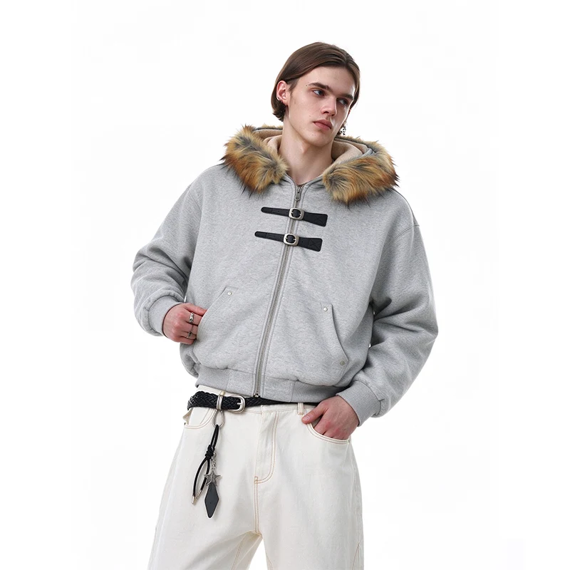 American Style Collar Fleece Lining Hooded Cotton Jacket For Men Women Featuring Metal Buckle Design Casual Thick Sweatshirt