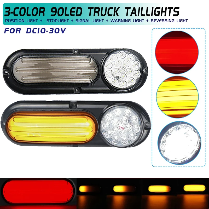 Universal LED Tail Lights para caminhão Trailer, Correndo Lâmpadas de Freio, Fluindo Turn Signals, Invertendo Luz, Fumado 90LED, DC 12-30V