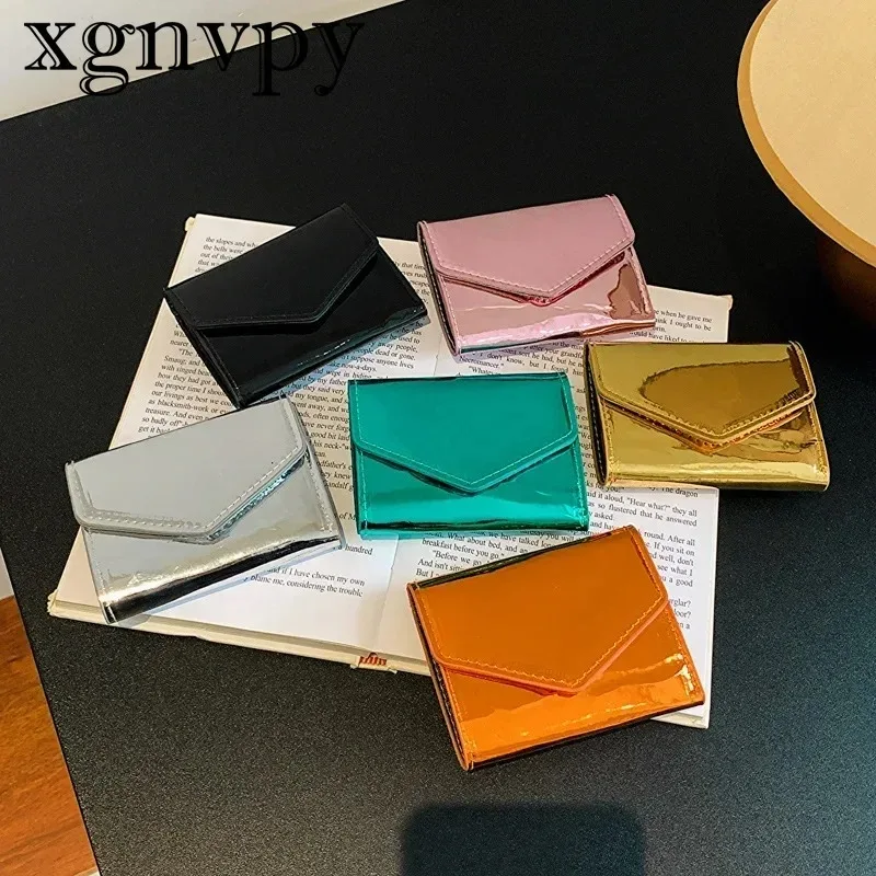 

xgnvpy Women Mini Fashion Glossy Metallic Patent Pu Leather Wallet Credit Card Holder Wallet Shiny Money Clip Purse For Ladies