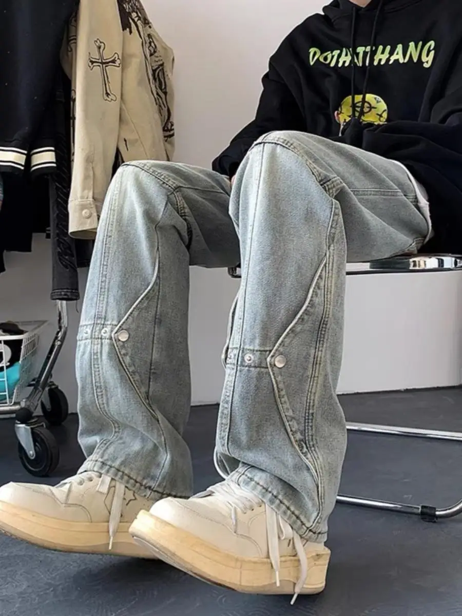 

Джинсы мужские свободного кроя в американском стиле, с лоскутным дизайном, прямые, длинные брюки, модная повседневная одежда