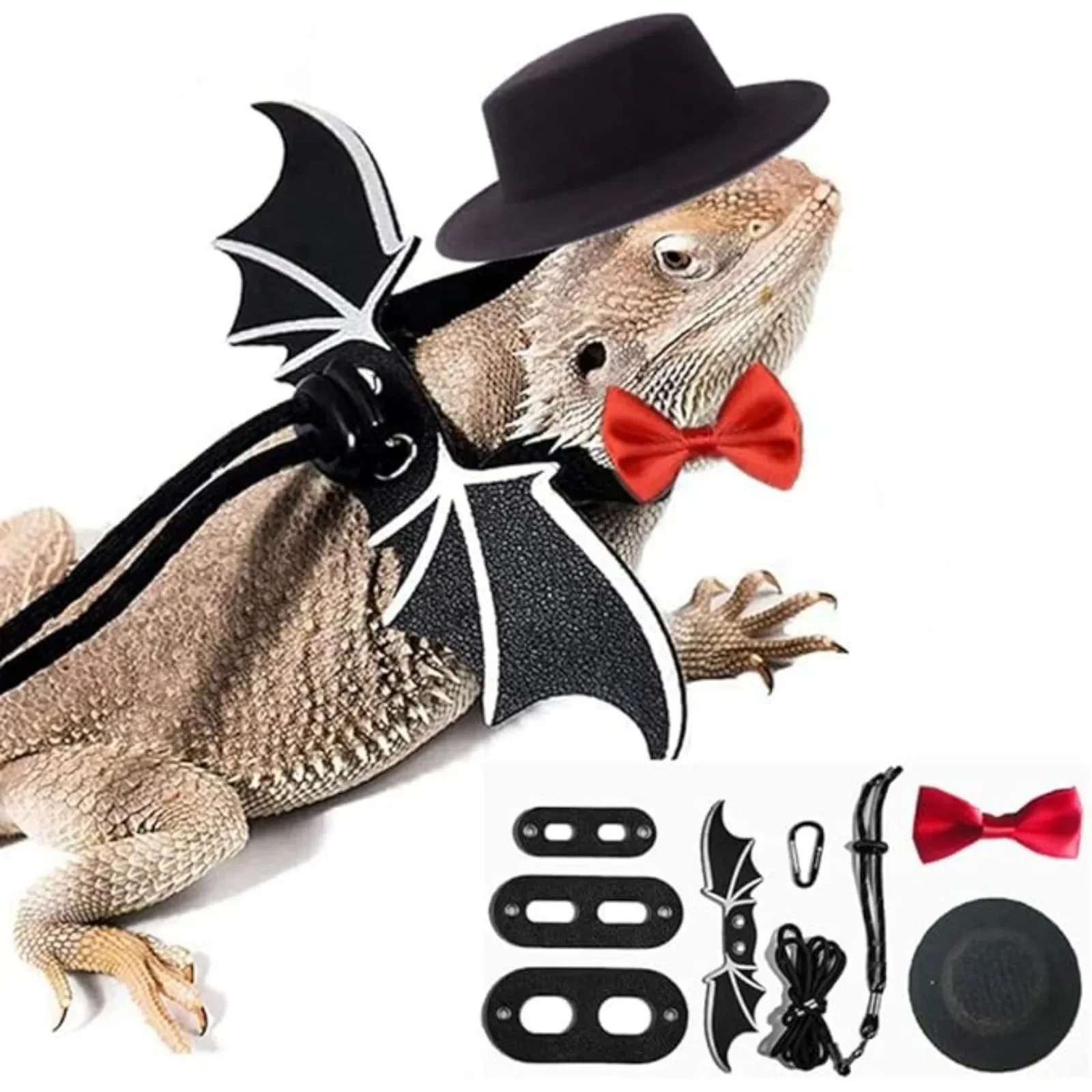 Valentine\'s Day Lizard Leash Set - Bearded Dragon Valentine\'s Day Hat + Bow Tie + 3-Pack Bearded Dragon Iguana Reptile Leash