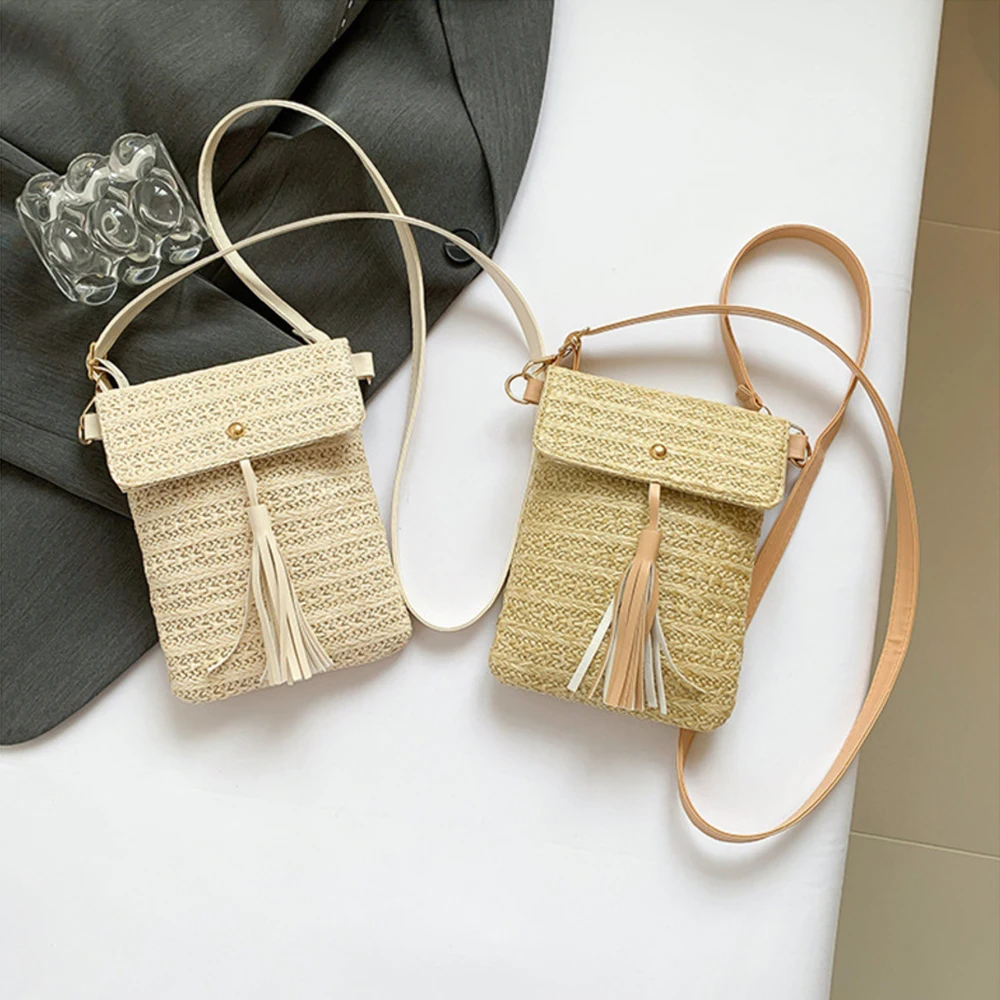 Fashion Women Woven Beach Bag Holiday Mobile Phone Shouder Bag Summer Tassel Small Crossbody Bag for Lady Girls Travel Handbag