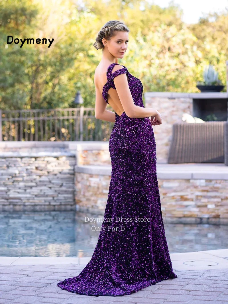 Doymeny-vestidos de noche de terciopelo con lentejuelas, sirena, un hombro, abertura alta, vestido de fiesta Formal