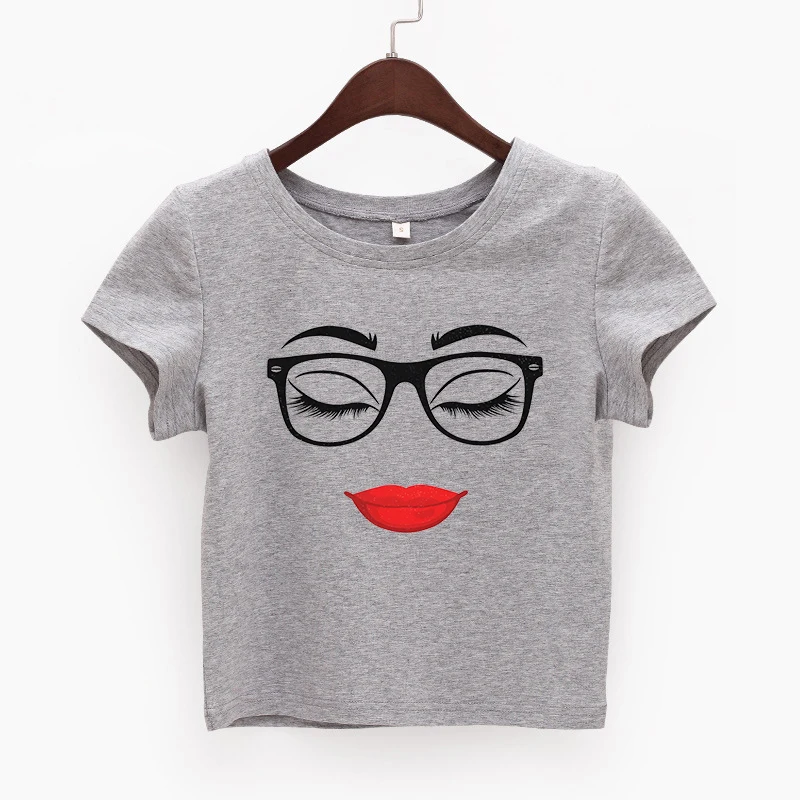 Streetwear Clothes with Creative Glasses and Lip Pattern Crop Top Slim Versatile Harajuku Gothic Short Sleeve Summer Fashion Y2K