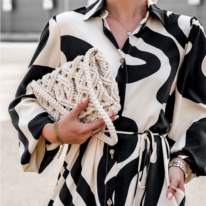 Wiosna Jesień Długa sukienka damska z kołnierzykiem Elegancki nadruk Jednorzędowa sukienka Sundress Casual Sukienki z długim rękawem Spódnica