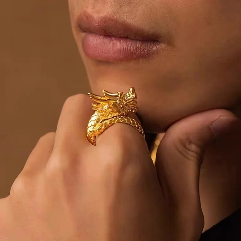 QEENKISS الذهب خمر التنين خواتم مفتوحة للرجال الذكور حفل زفاف عيد الميلاد عيد الميلاد العريس صديقها الزوج الأب هدية RG5191