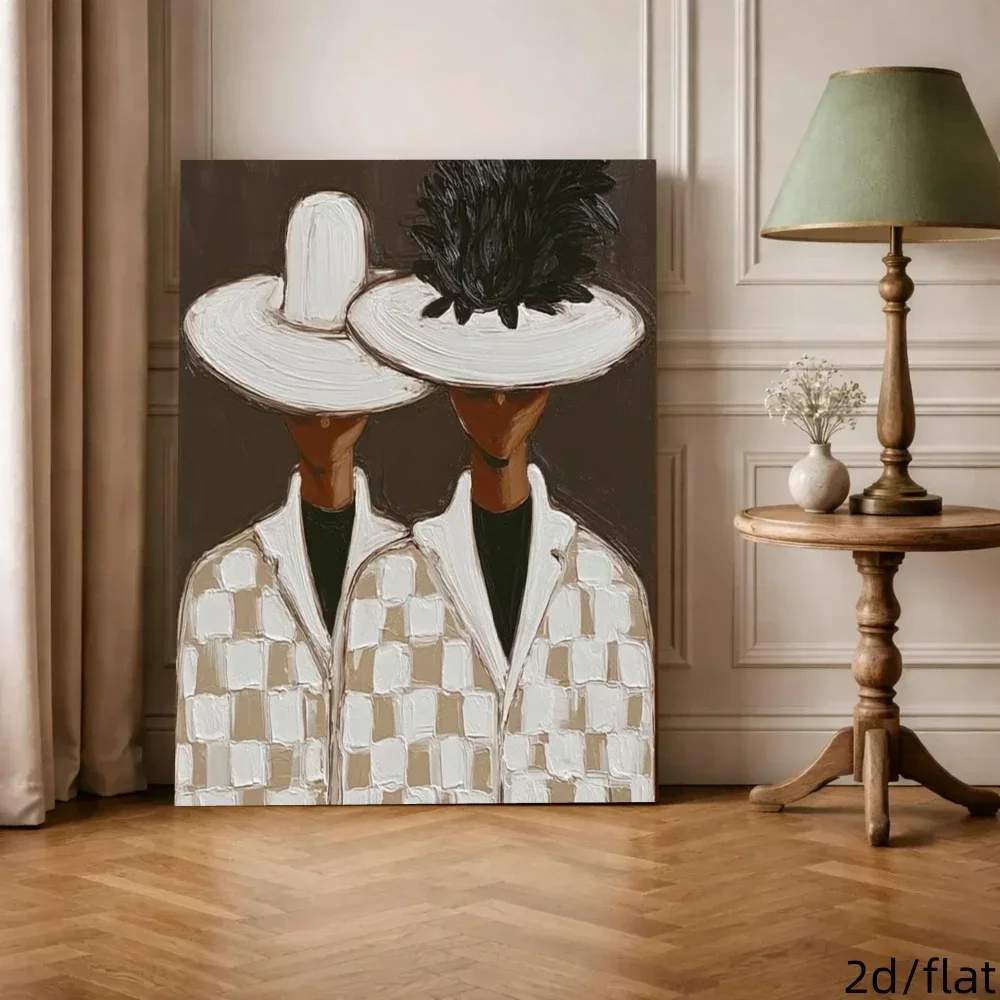 Modern Abstract Figure Decor Painting, Art Wall Print of Lady in Brown‑White Plaid Coat & Wide‑Brim Hat, Framed Wall Art