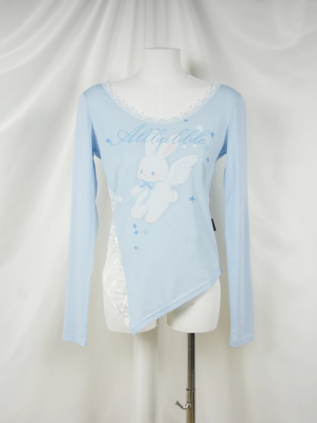 

Adorable Allbubble Rabbit Angel Printed Modal Lace Long Sve Slim Fit Top Cute Cartoon Angel Design Summer Women's T-irt