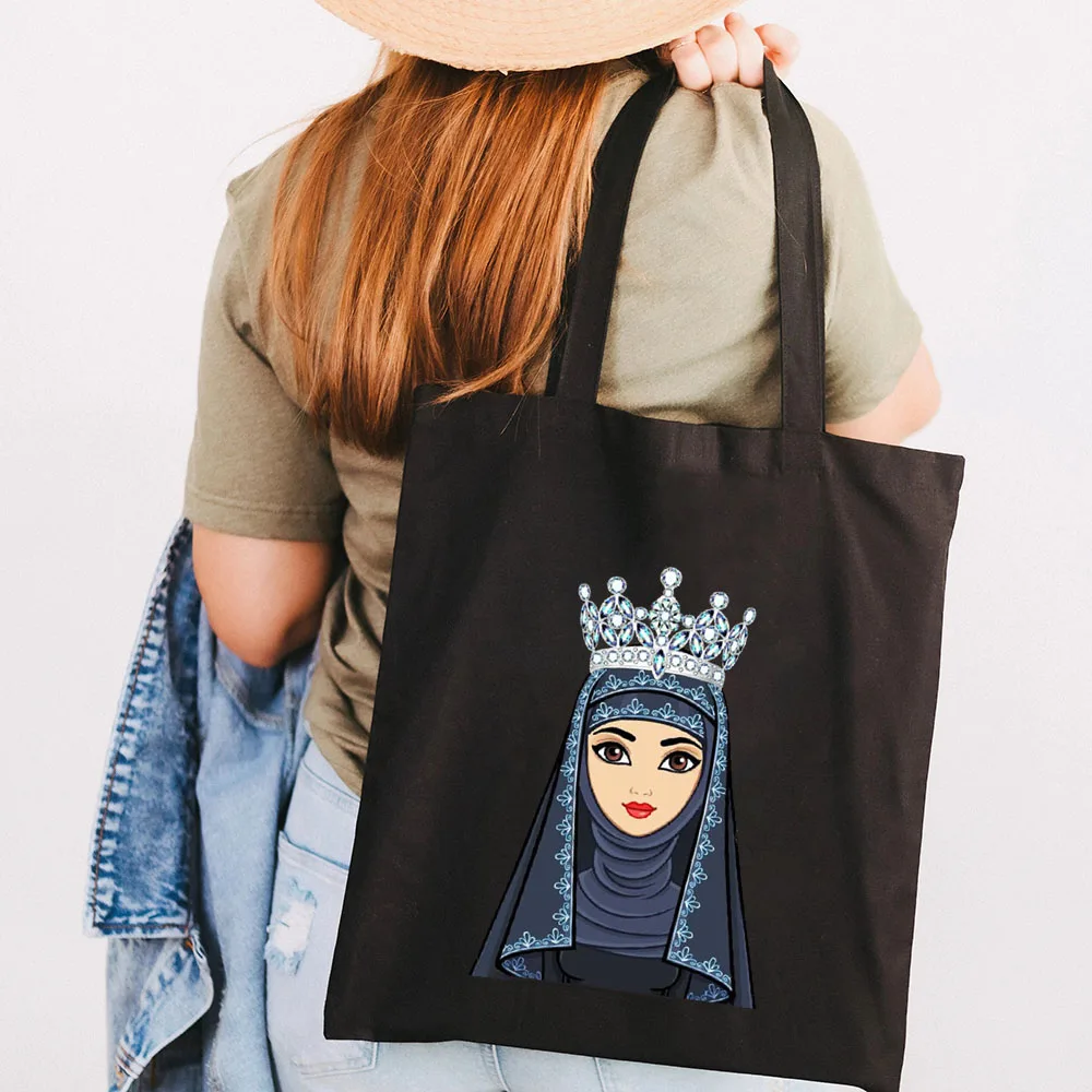 Arabic Woman Crown Hijab Face Muslim Islamic Eyes Covers Canvas Shoulder Harajuku Handbags Totes Eco Shopper Black Shopping Bags