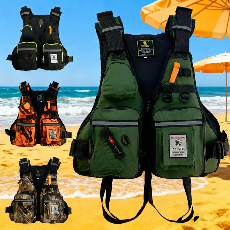 

Спасательный жилет для рыбалки, жилет плавучести, легкий жилет для рыбалки нахлыстом с несколькими карманами для мужчин, регулируемые жилеты, съемная подушка