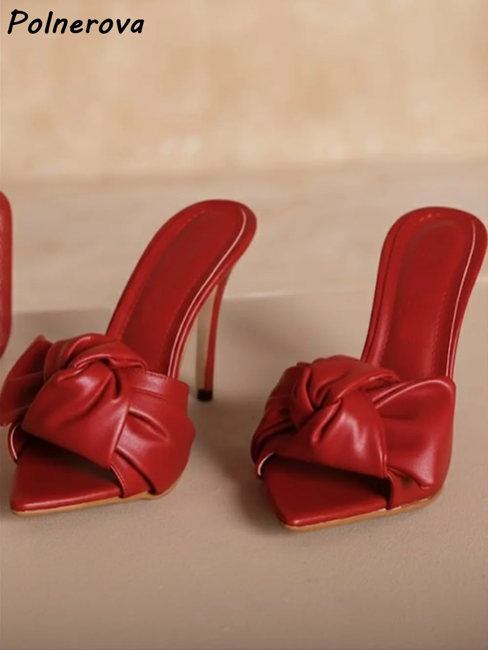 Twist Solid Slippers Thin Heels Slip On Pointy Toe Leather Pleated Outdoor Red Pink Shoes Concise Leisure Sexy Stiletto Shoes