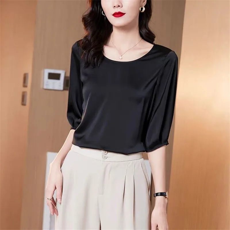 Spring Woman lantern half sleeve ice silk tops Office women Acetate satin blouse Summer retro style stylish bright silk shirts