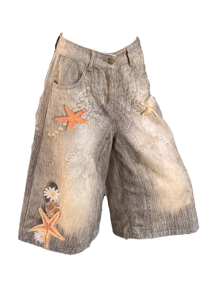 

Женские джинсовые шорты цвета хаки со звездами, мешковатые Y2K, американская уличная одежда в стиле Харадзюку 2000-х годов, широкие джинсы в стиле ретро, шорты, одежда