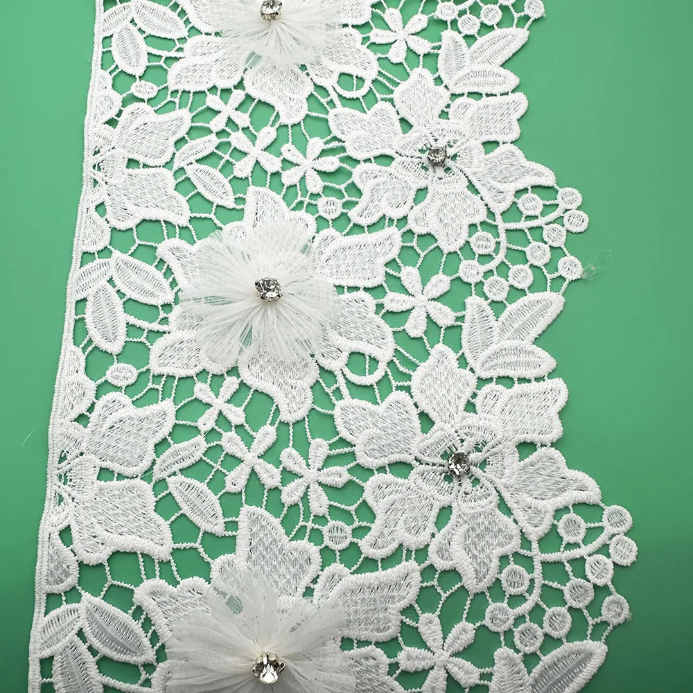 5Yard 3D Lace Fabric 16.3cm Mink Wool Pompom Rhineston Decoration Beads Diy Embroidered Clothes Table Runner Skirt Curtain Dress