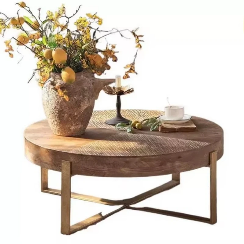 Modern retro solid wood wrought iron portable movable small apartment coffee table