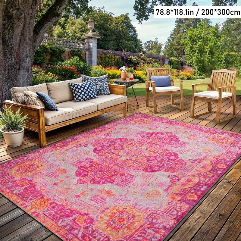 VIKAMA Pink Vintage Medallion Area Rug,Non‑Slip Mat,Boho Oriental Print Carpet for Patio Deck Living Room Indoor Outdoor Decor