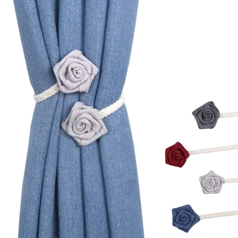  2Pack Adjustable Curtain Tiebacks Rustics Cloth Rope and Cloth Flower Holders Holdbacks for Window Drapes Decorations