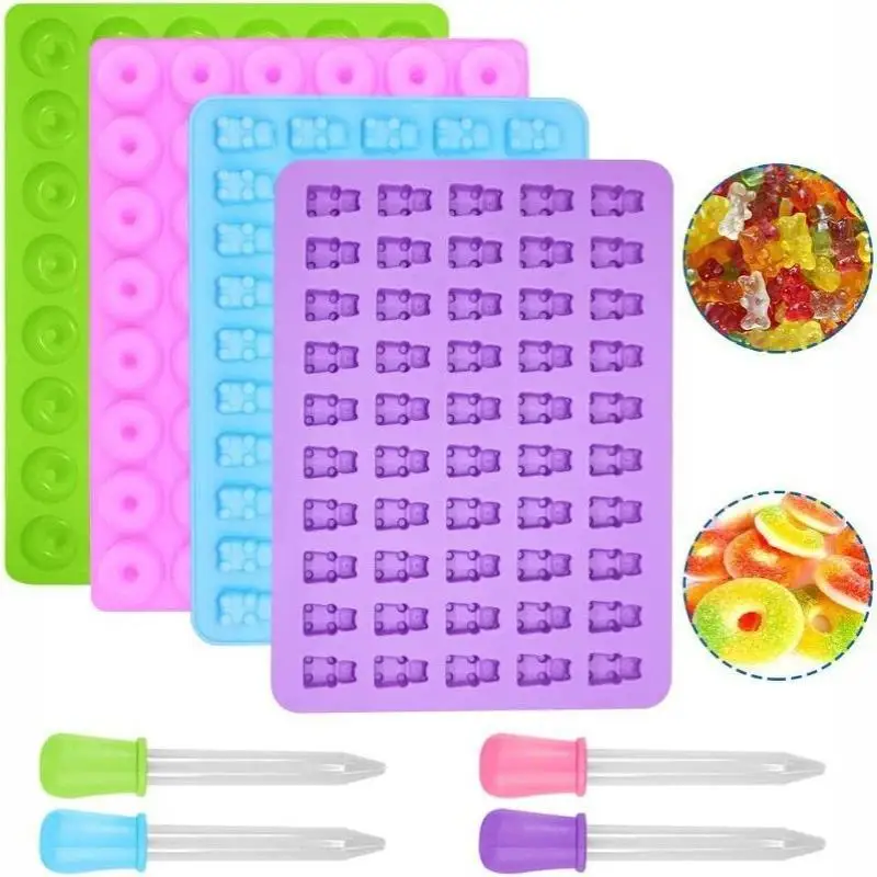 Hot Sale 1/5Pcs Candy Gummy Jelly Silicone Molds Kit Reusable Candy Baking Tray With 2 Dropper Set Kitchen DIY Making Tools