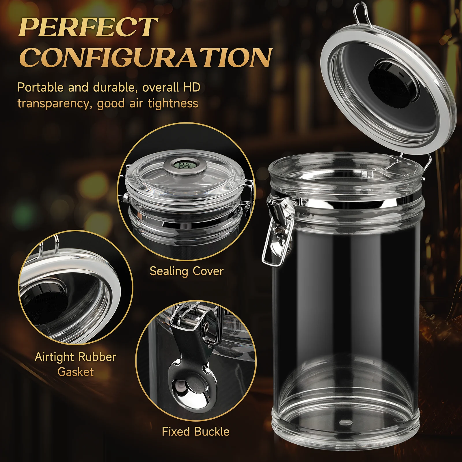 Acrylic Humidor Jar with Digital Hygrometer,Tall Design Fits Long Cigar,Humidifier,Cedar Veneer,Travel Humidor for 15-20 Cigars