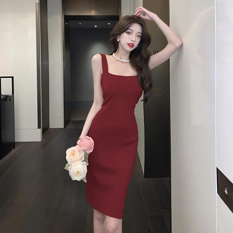 Women's Summer Solid Color High Waist Casual Knitted Sleeveless Midi Dress