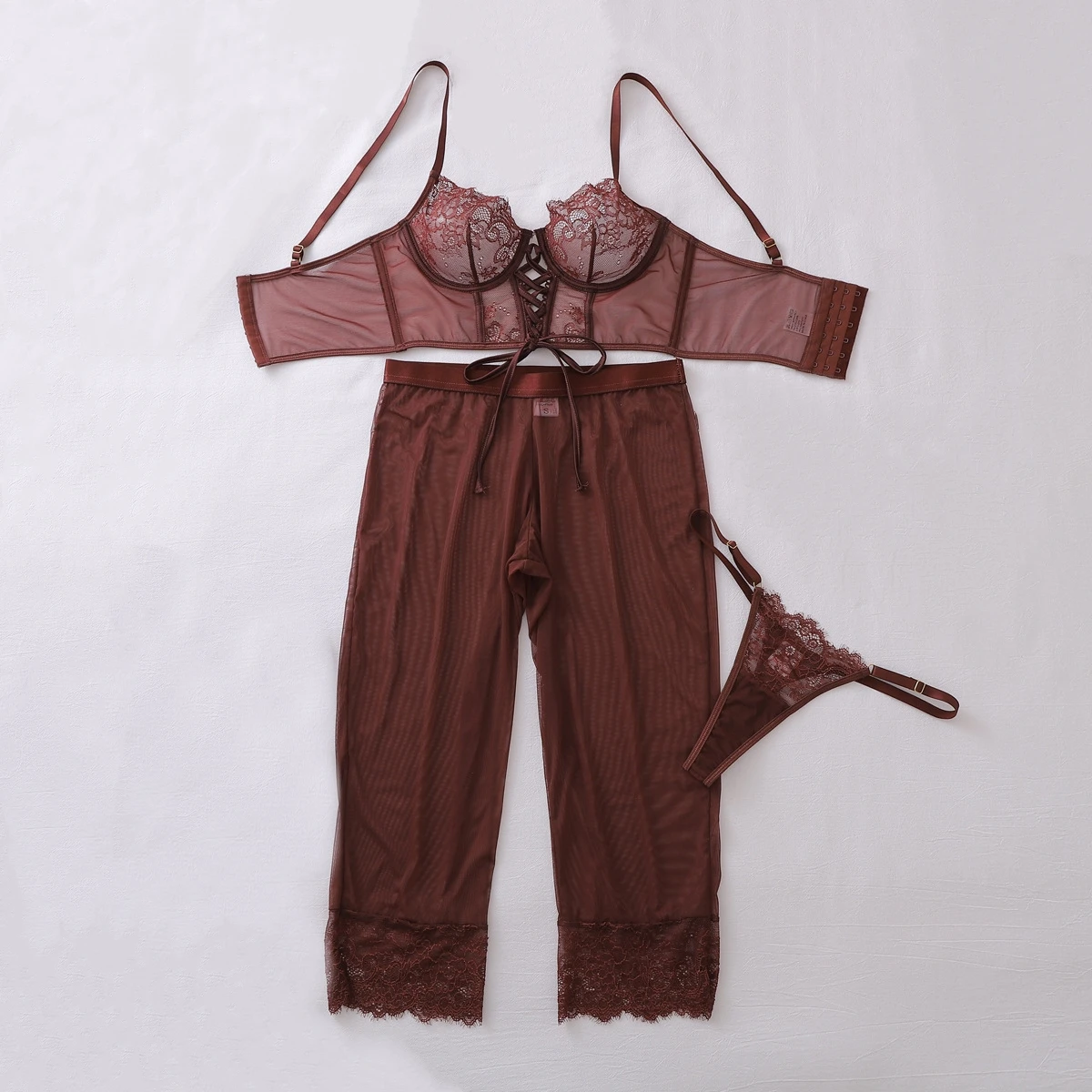 

2026 Fashion Flower Perspective Lace Lingerie Women Sexy Splicing Mesh Body Shaping Underwear Female See Through Tulle Pants Set