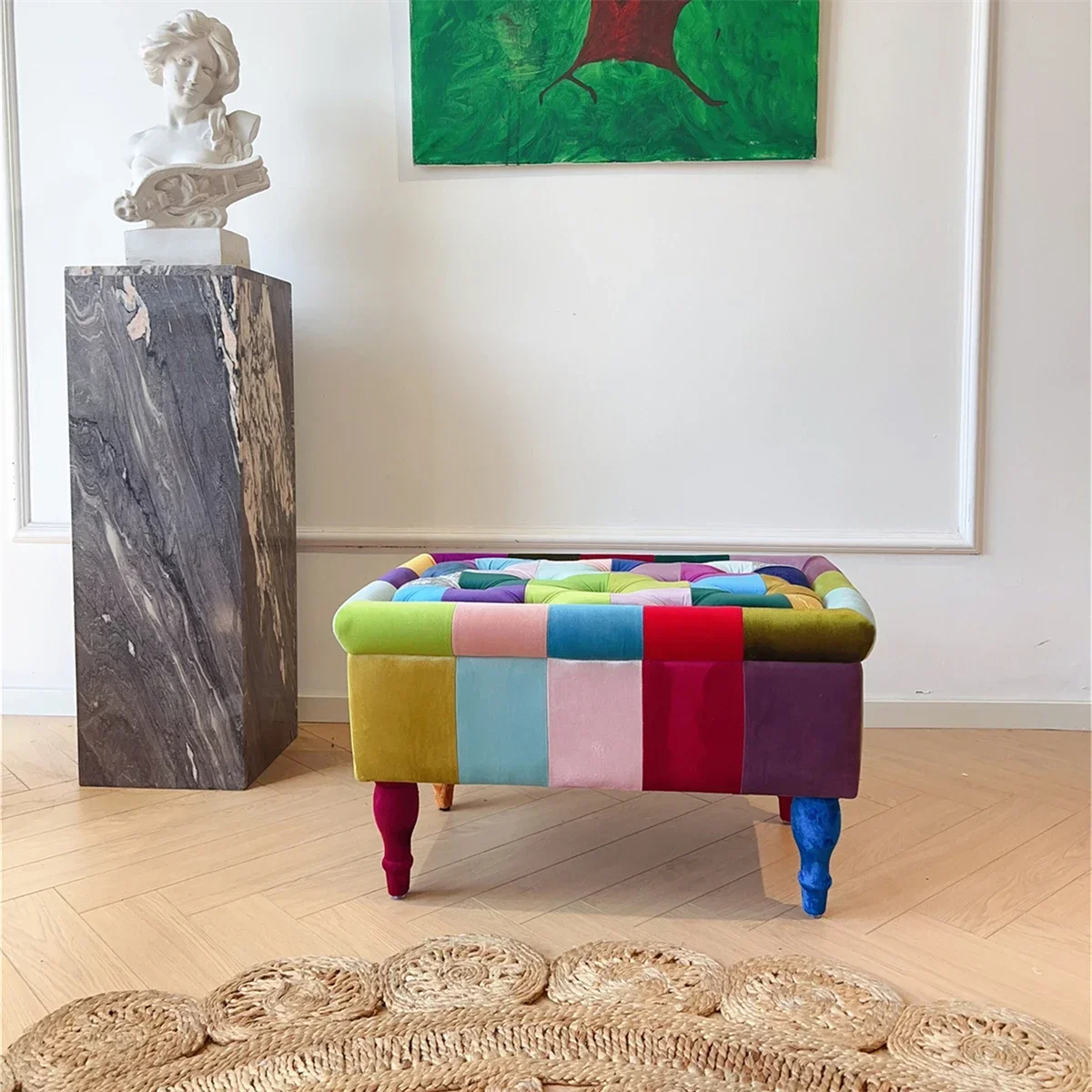 European modern simple embroidery splicing footstool, living room shoe changing stool, sofa stool, foot pedal