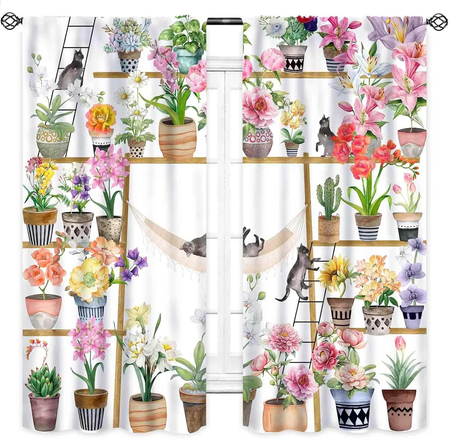 Watercolor Potted Floral Cat Ladder Hammock Print Blackout Rod Pocket Curtain Modern Luxury Elegant Living Room Rest Window