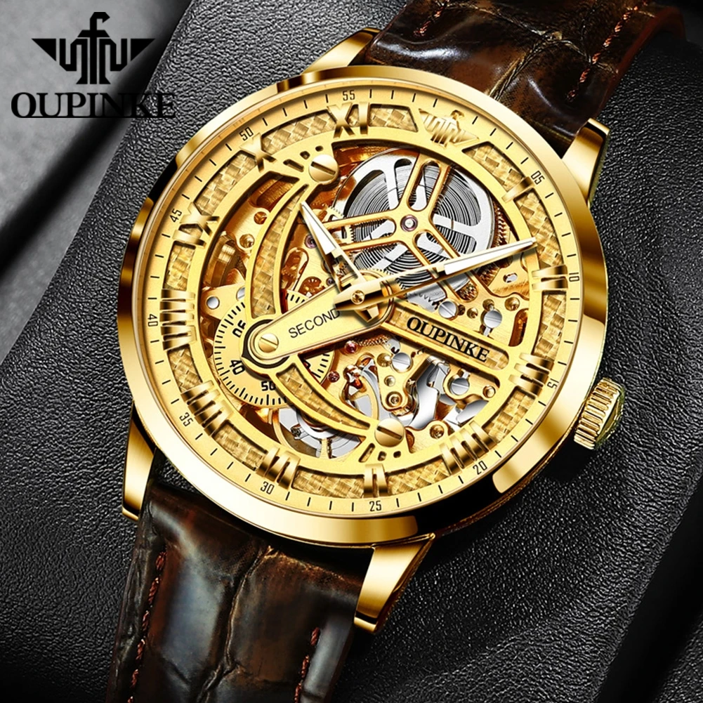 Часы OUPINKE Мужские механические, роскошные брендовые золотистые полностью автоматические водонепроницаемые светящиеся оригинальные