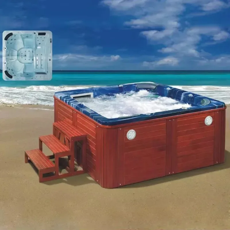 Luxury 6-person rectangular outdoor spa hot tub pool with a lounge chair