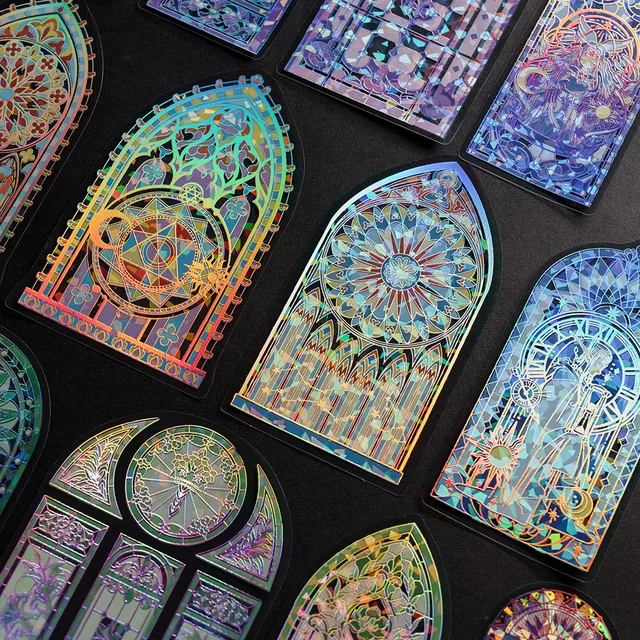 6PCS Vintage Stained Glass Church Window Decal Gothic PET Naklejka na laptopa Notebook Journal Wodoodporny Trwały Estetyczny Deco