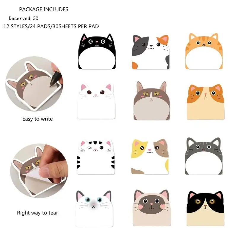 12Pcs Cartoon Cats Sticky Note Paper Unlined Sticky Note Pad Pocket Memo Pad Self-ashesive Note Paper 30 Sheets/Pad
