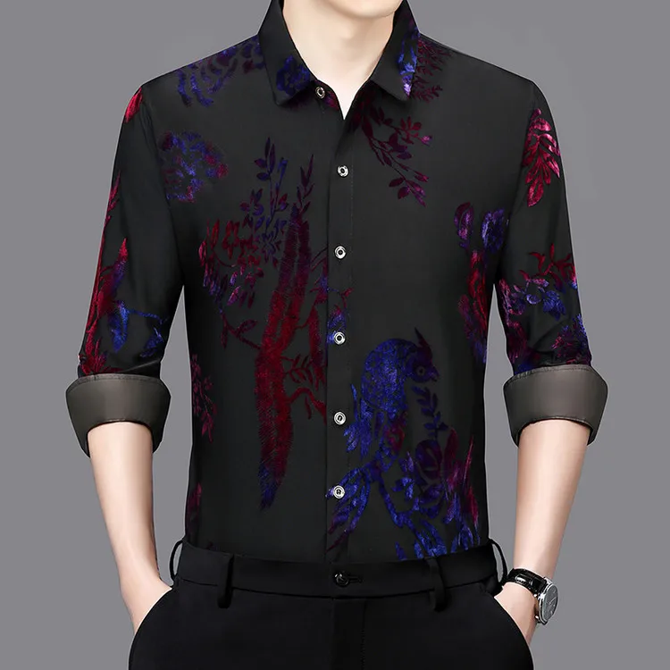 

Men's Sexy Dance Shirts 2025 Autumn Spring Floral Clothes Male Clubwear Dress Shirt Long Sleeve Velvet Tops