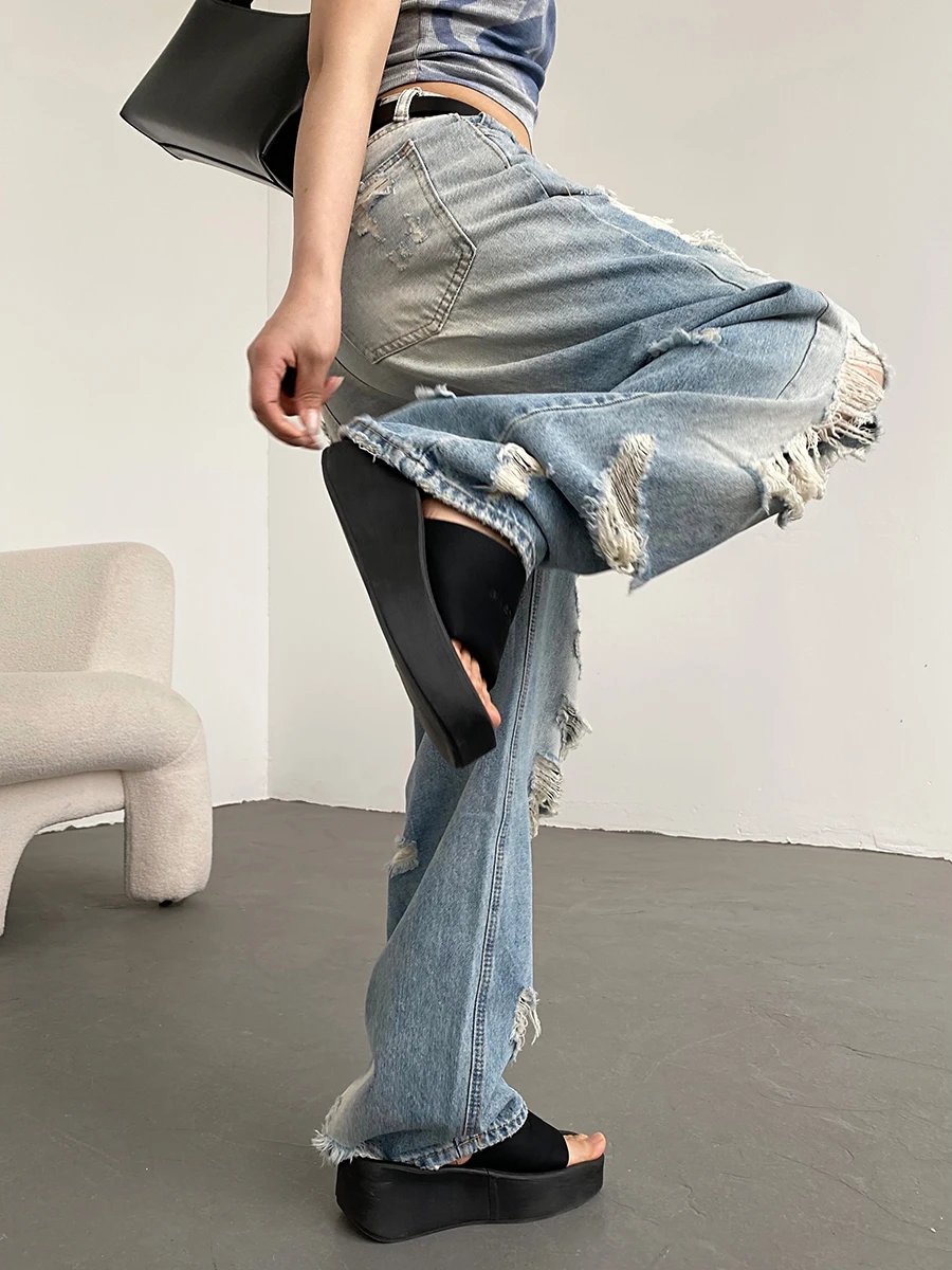 

AcupStudio Jiang Right High Street Vintage Denim Jeans Women's American Design Straight Leg Pants Worn Look Natural Waist