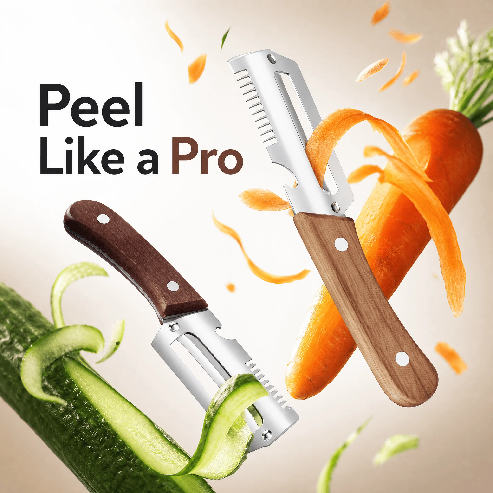 2 Pack Vegetable Peeler Set, Stainless Steel Multi-functional Fruit Potato Peeler with Wooden Handle, Kitchen Peeling Tool for Vegetable Fruit Melon