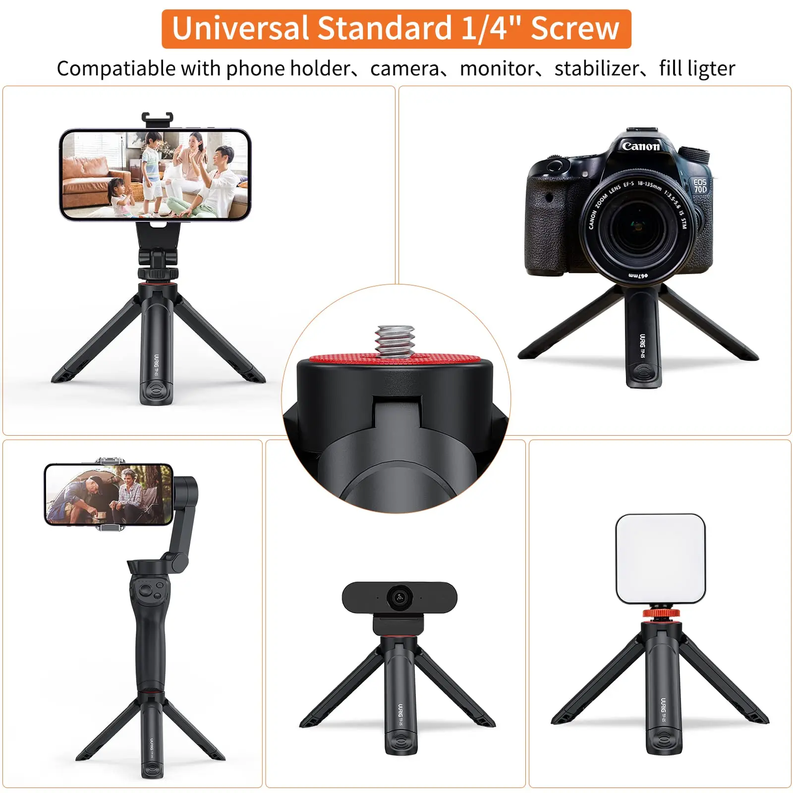UURIG TP05 Ausziehbares Mini-Kamerastativ, tragbarer Selfie-Stick, Griff, Desktop-Webcam-Stativ mit 1/4-Zoll-Schraube für DSLR-Kamera