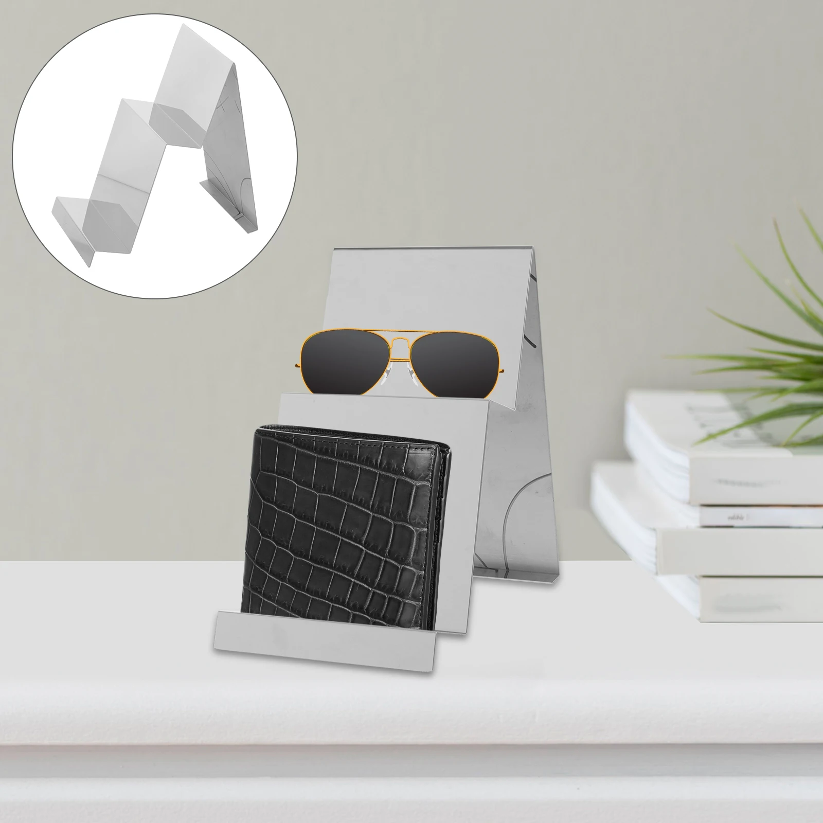 

Wallet Display Stand Silver Stainless Steel Tiered Holder For Wallets Sunglasses Jewelry Storage Rack Desktop Purse Stand