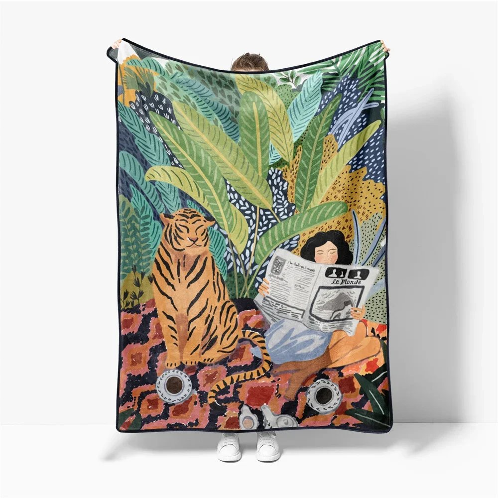 

Bohemian Tiger with Girl Printed Flannel Blanket Picnic Blanket Soft Sofa Couch Chair Home Travel Blanket Bed Dust Ruffle Rug