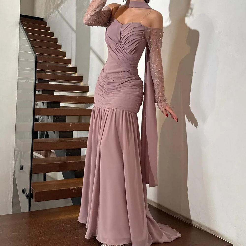 

Customized Mermaid Evening Dresses Floor-length Off The Shoulder Full Sleeve Prom Gown Fashion Pleat Sequined Stole Party Gown