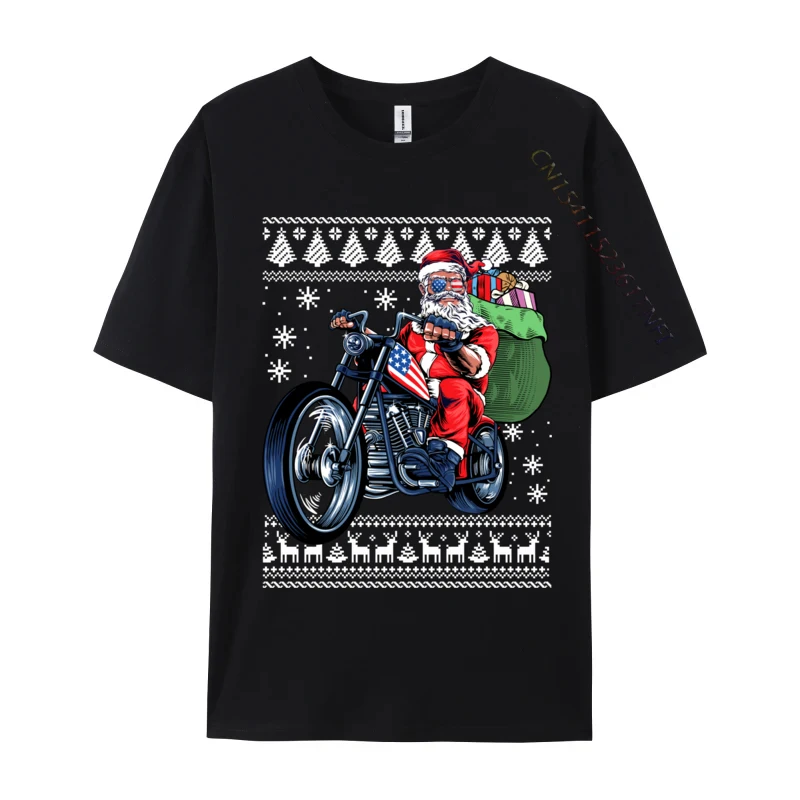 Santa Claus With Motorcycle Xmas Tree Ugly Christmas Sweater Sweatshirt Tshirt Funny Crew Neck Tshirt Pure Cotton