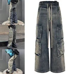 Men Multi-pockets Pants Gradient Ribbons Drawstring Jeans Baggy Oversized Cargo Trousers Fashion Streetwear Loose